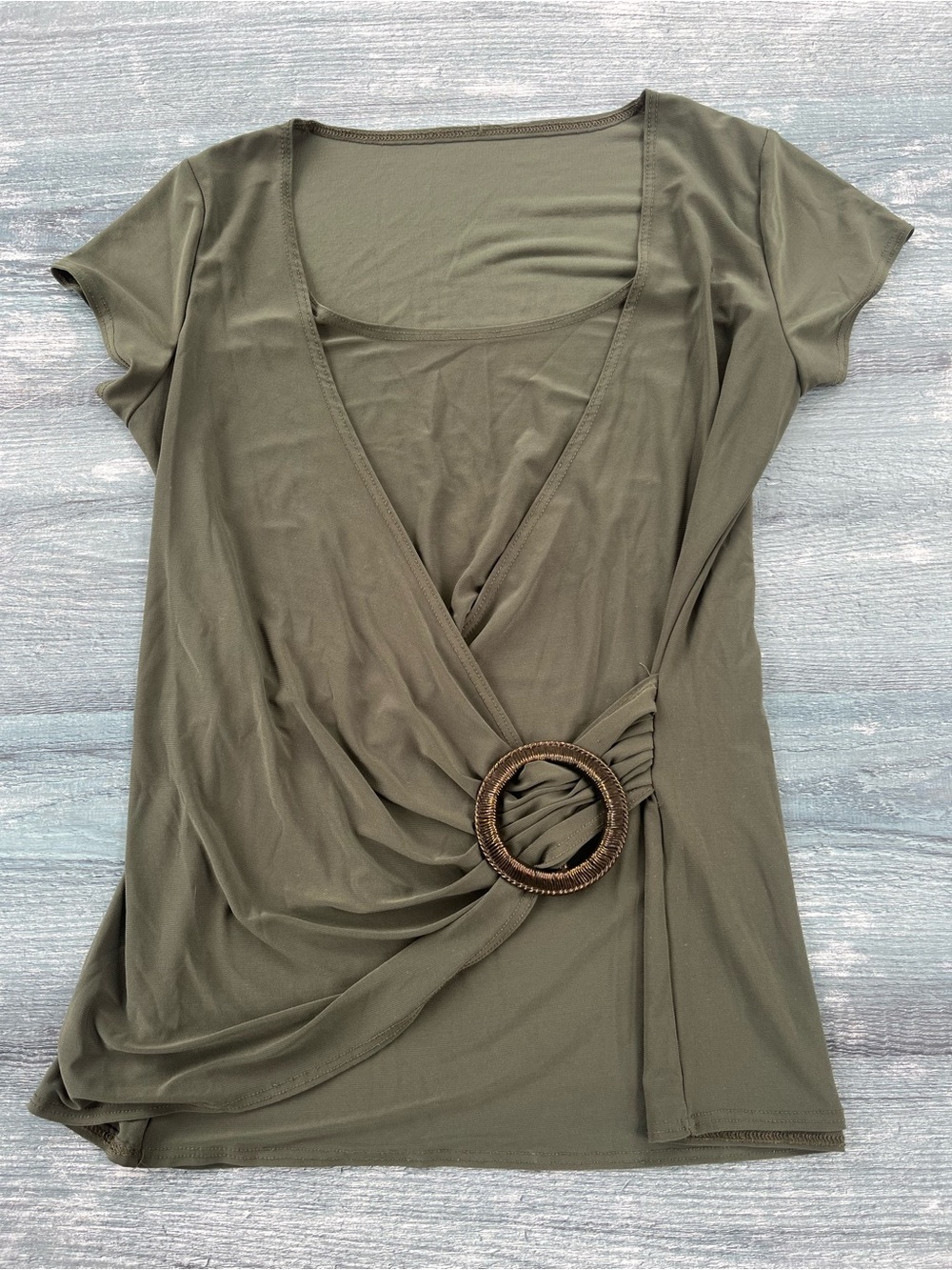 Michael Kors Olive Green Short Sleeve Wrap Top with Ring Accent